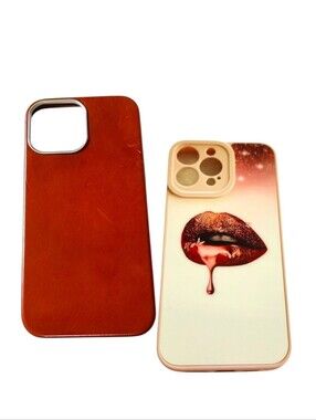 2pc dark red lip drip & Leather case W/ Screen & Lens Pro For iPhone 13 Pro Max